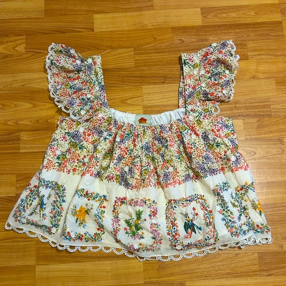FARM Rio Tops - FARM Rio Delicate Forest Scarf Print Cotton Top floral flower flowy size XL